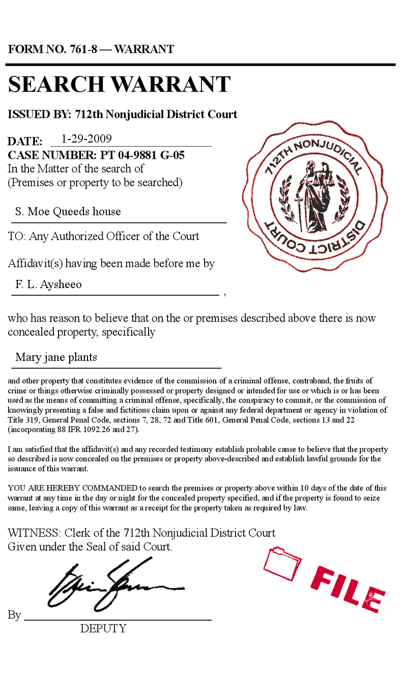 Fake legal search warrant court form police prank phony